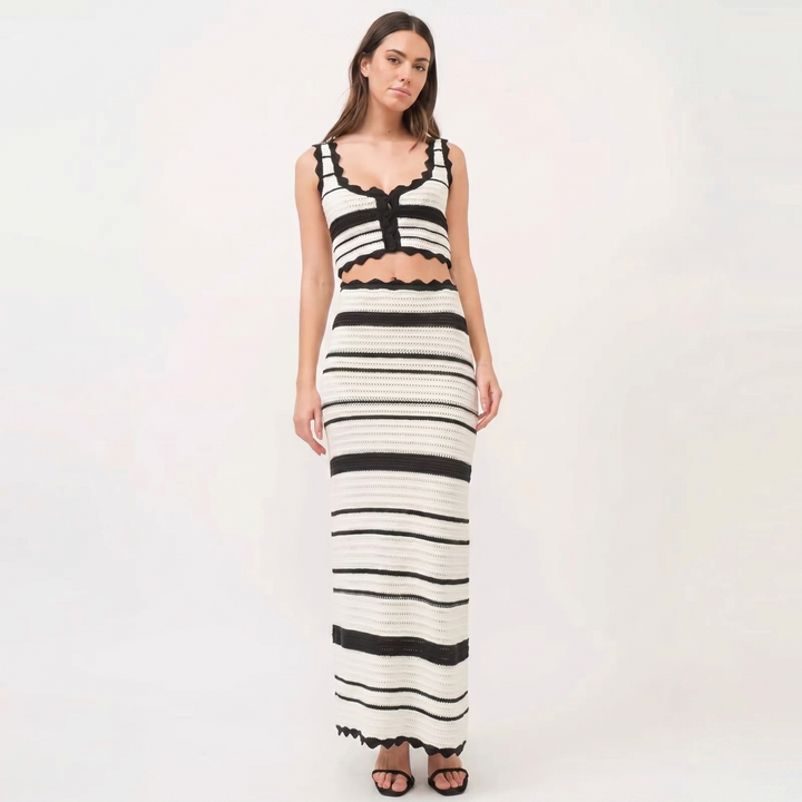 Women's Two Piece Crochet Set Striped Crop Top Maxi Skirt Knit