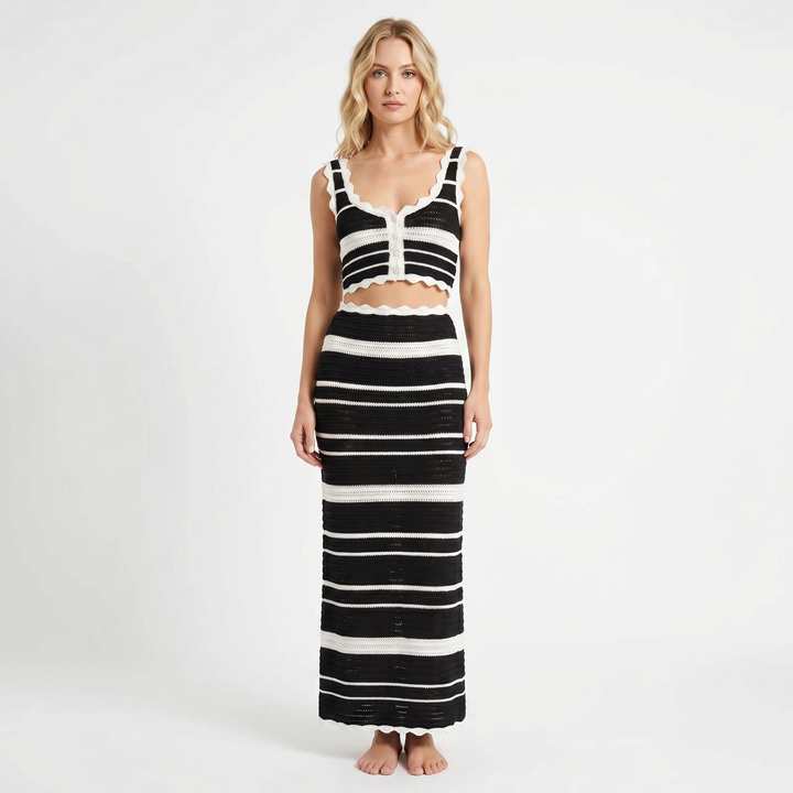 Women's Two Piece Crochet Set Striped Crop Top Maxi Skirt Knit