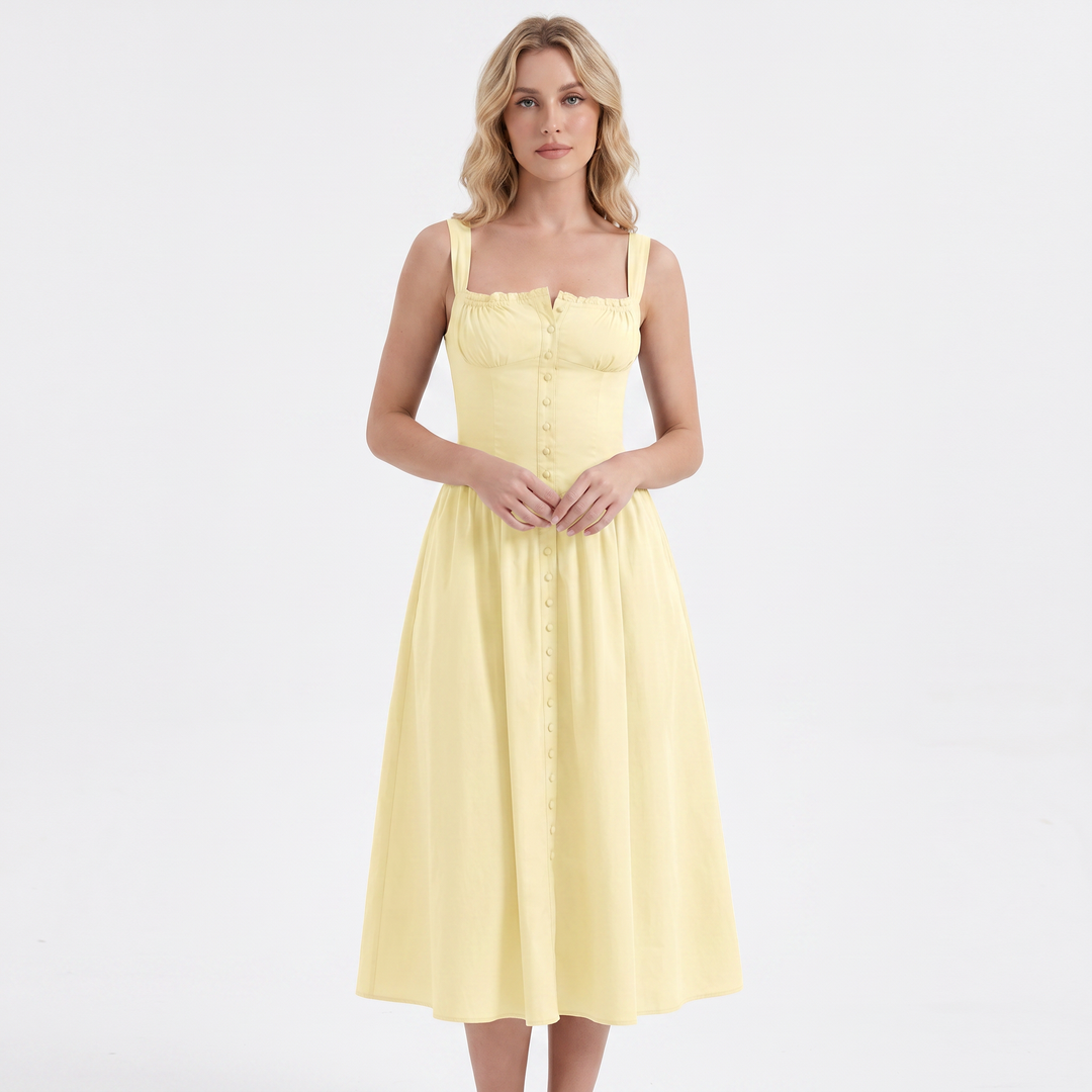 Women's Corset Midi Dress Square Neck Button Front A Line Sundress