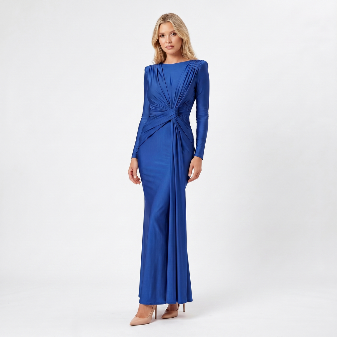 Women's Formal Maxi Dress – Satin-Look Pleated Waist Floor-Length Gown