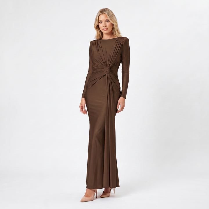 Women's Formal Maxi Dress – Satin-Look Pleated Waist Floor-Length Gown