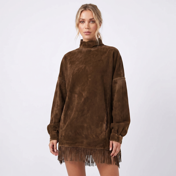 Women's Oversized Sweater Dress – Acid Wash Fringe Hem Mock Neck