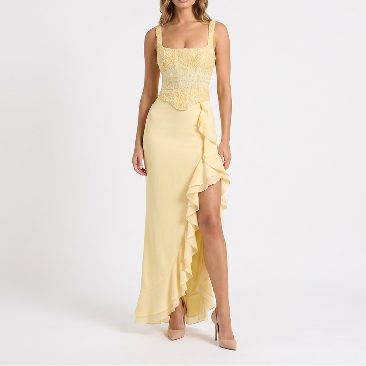 Women's Formal Maxi Dress – Beaded Bustier Ruffle Split Chiffon Skirt