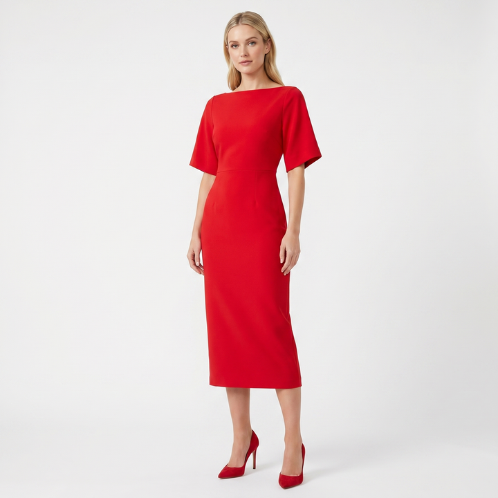 Women's Elegant Work Dress – Boat Neck Flutter Sleeve Fitted Midi