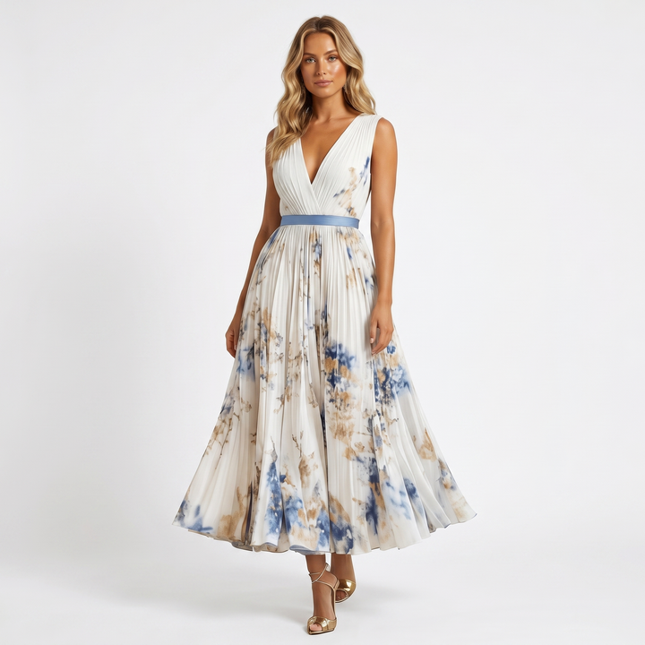 Women's Formal Maxi Dress – Pleated Chiffon Floral Print V-Neck Satin Belt