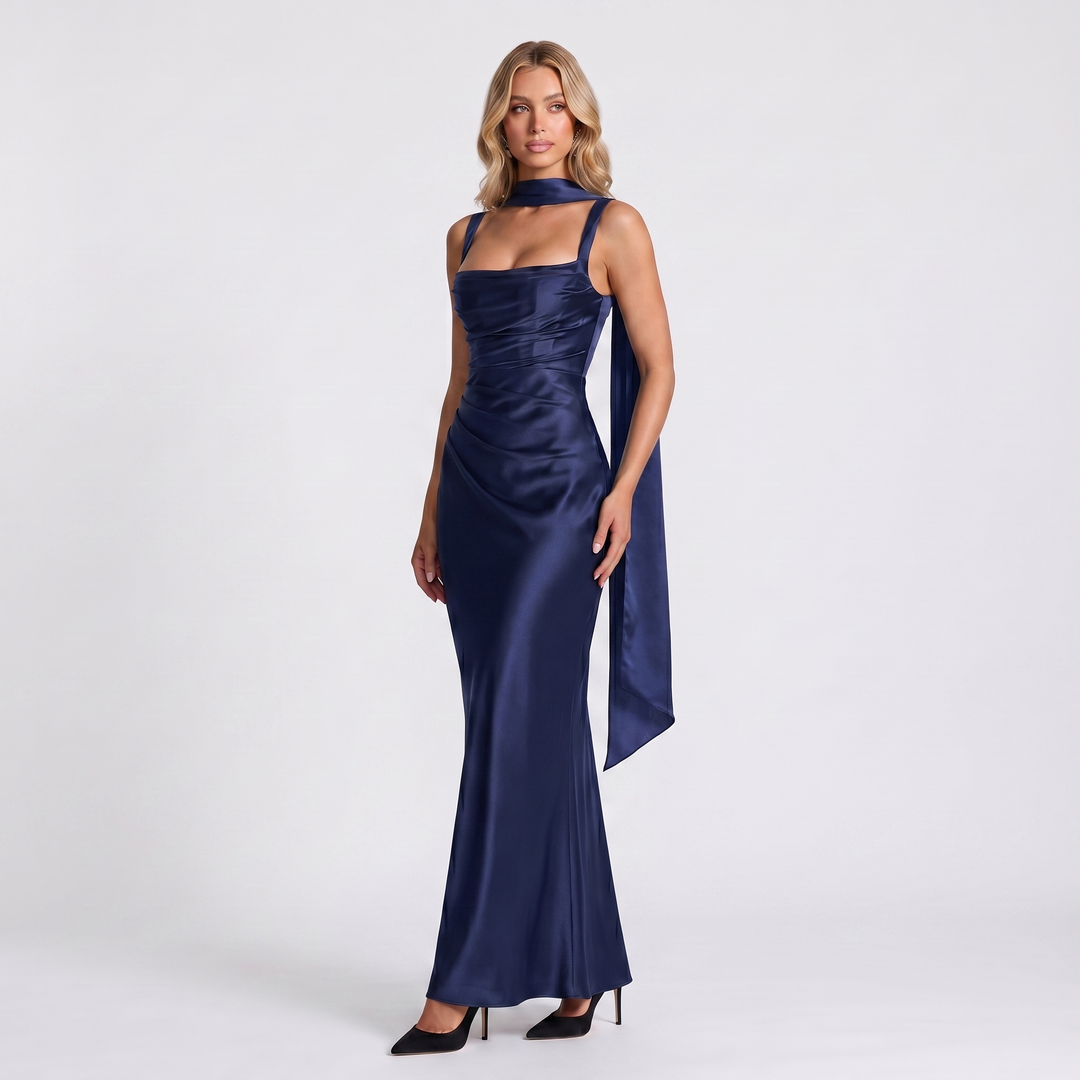 Women's Formal Maxi Dress – Satin Ruched Square Neck Tulle Scarf Gown