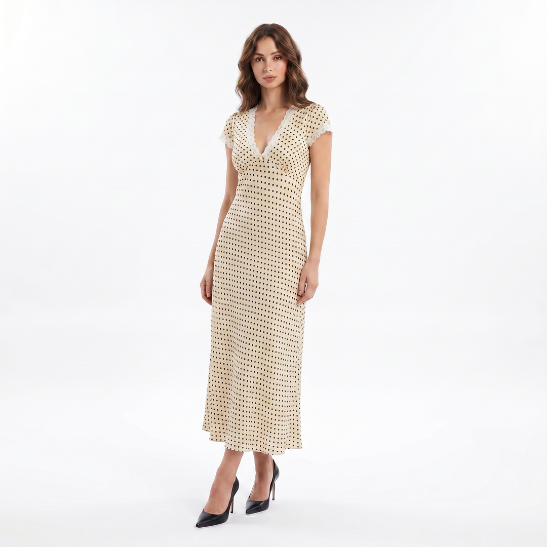 Women's Midi Dress – Polka Dot Lace Trim V-Neck Cap Sleeve Column
