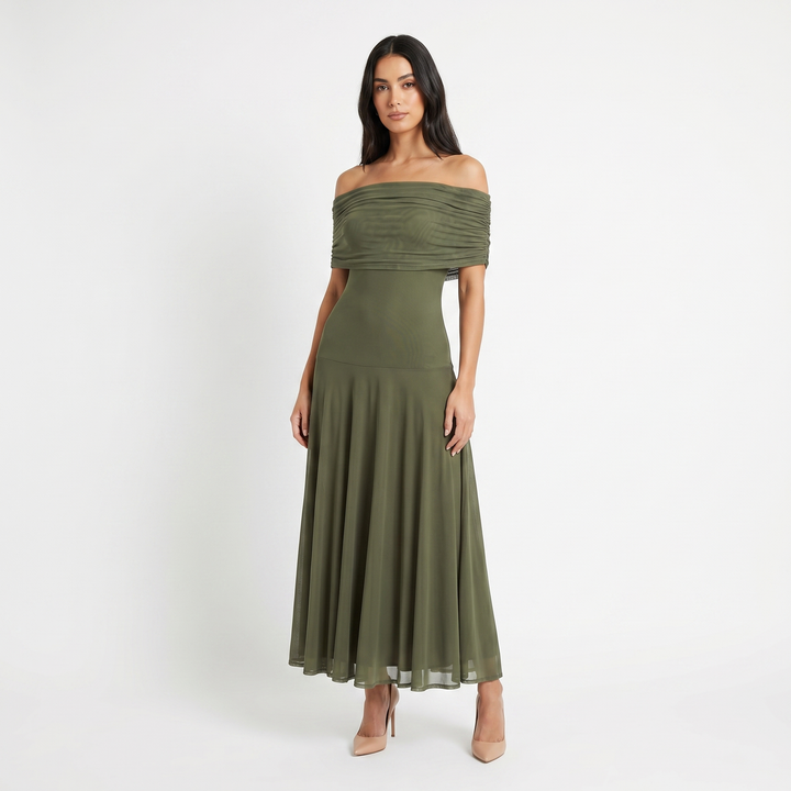Women's Formal Maxi Dress – Off Shoulder Draped Fold Chiffon Full Skirt