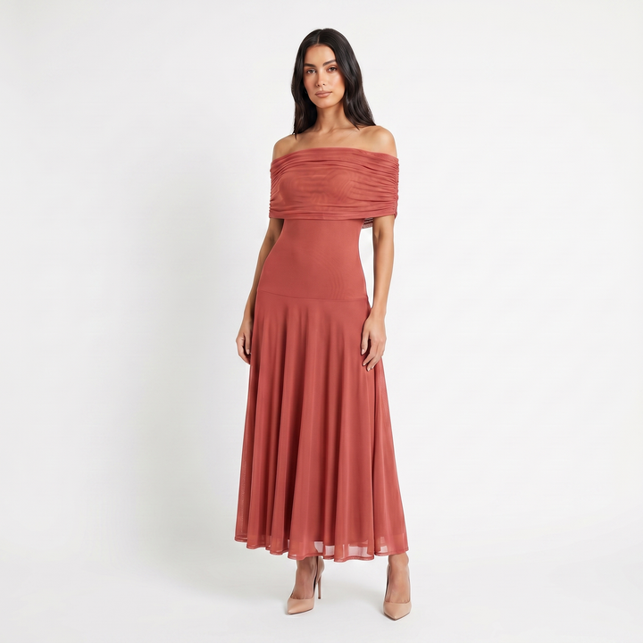 Women's Formal Maxi Dress – Off Shoulder Draped Fold Chiffon Full Skirt