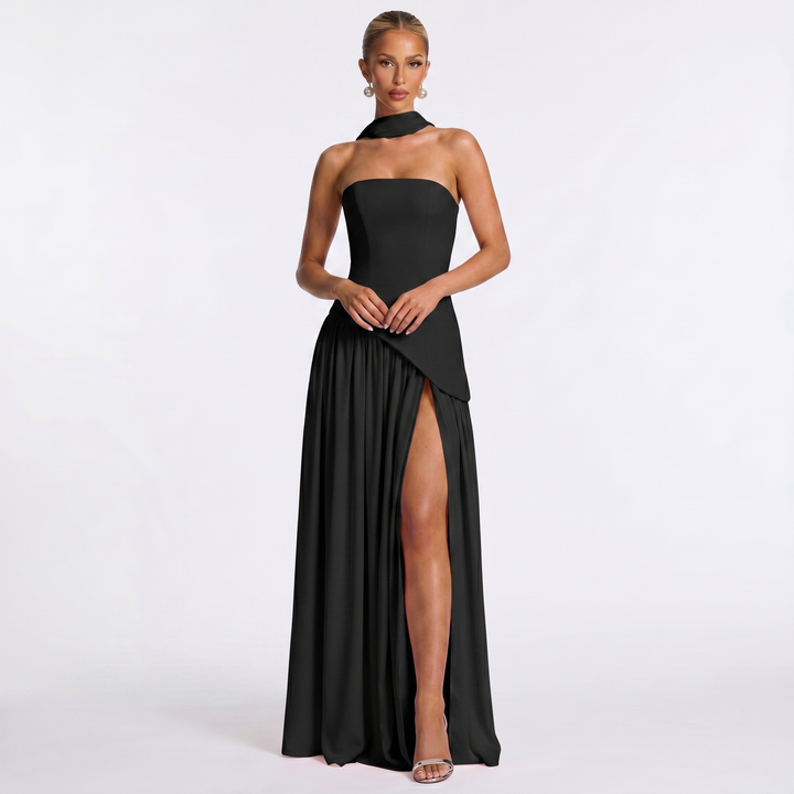 Women's Formal Maxi Dress – Strapless Chiffon Split Scarf Neck Gathered Gown