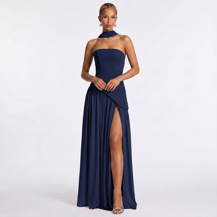 Women's Formal Maxi Dress – Strapless Chiffon Split Scarf Neck Gathered Gown