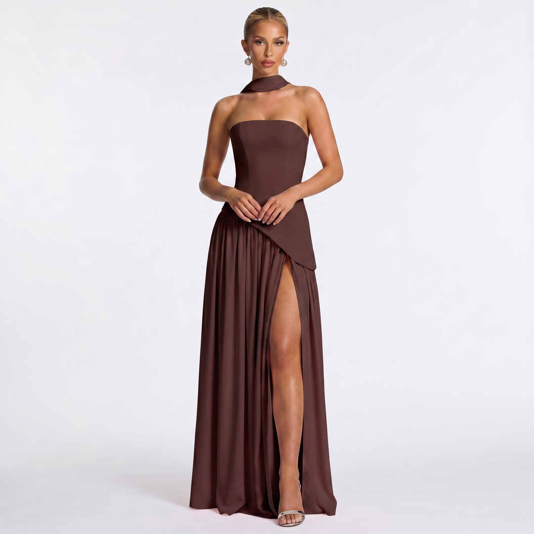 Women's Formal Maxi Dress – Strapless Chiffon Split Scarf Neck Gathered Gown