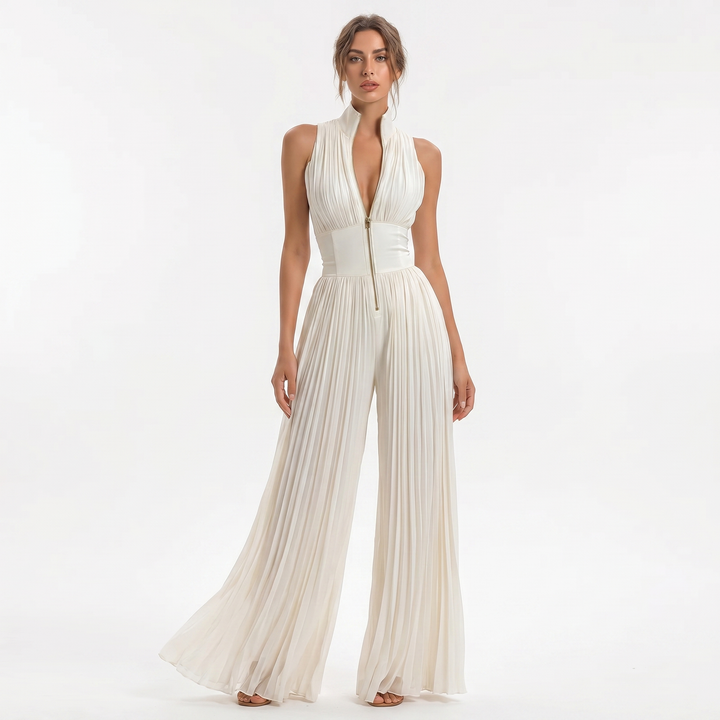 Women's Pleated Jumpsuit High Neck Wide Leg Sleeveless Formal