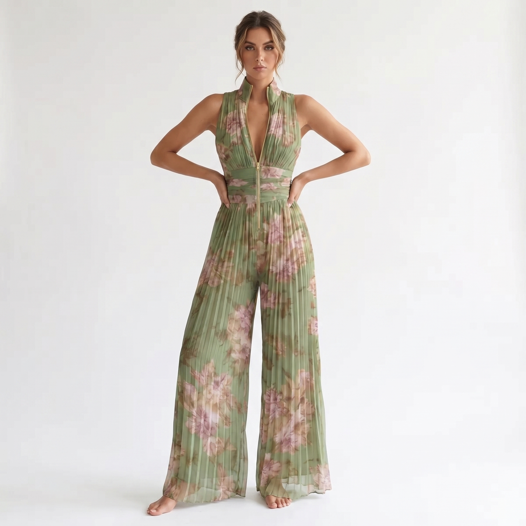 Women's Pleated Jumpsuit High Neck Wide Leg Sleeveless Formal