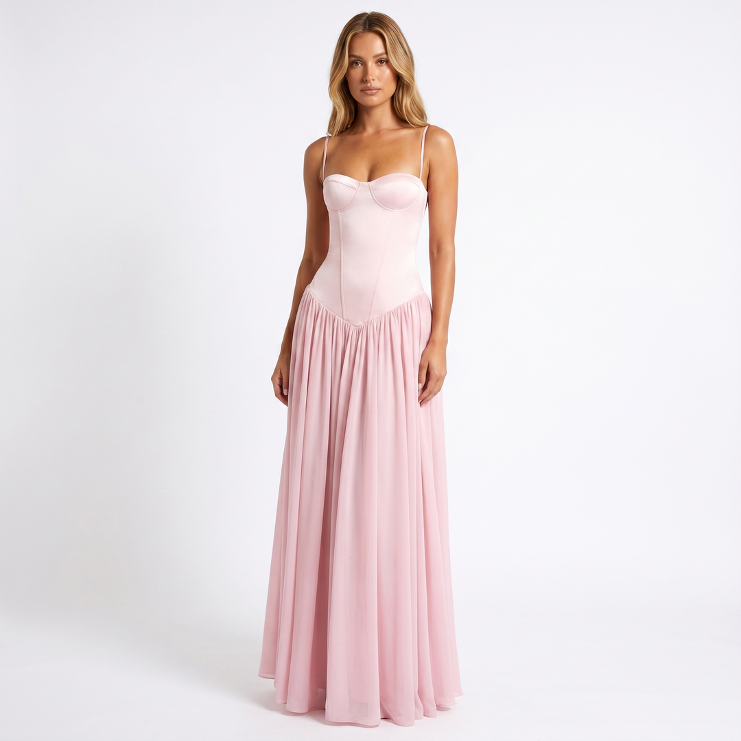 Women's Formal Maxi Dress – Corset Bodice Spaghetti Strap Chiffon Full Skirt Gown