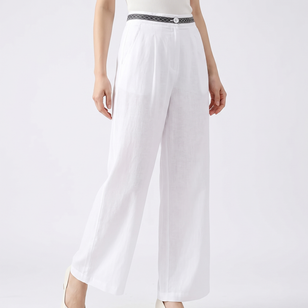 Linen Wide Leg Pants - High Waisted Pleated Cropped