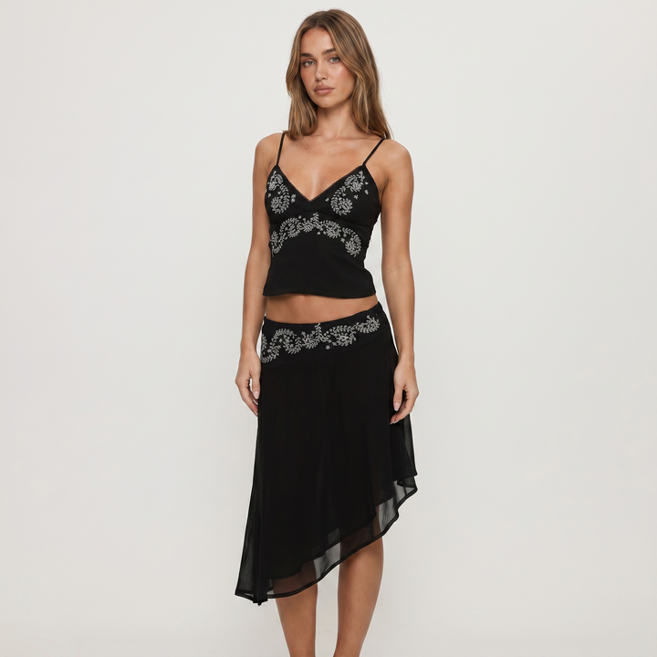 Women's Two Piece Set Beaded Cami Top Asymmetric Midi Skirt Chiffon