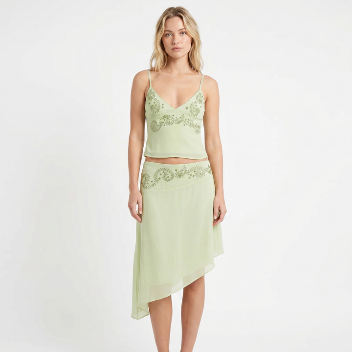 Women's Two Piece Set Beaded Cami Top Asymmetric Midi Skirt Chiffon