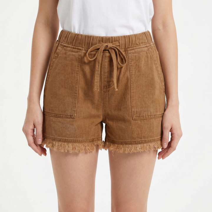 Denim Shorts - High Waisted Drawstring Frayed Hem