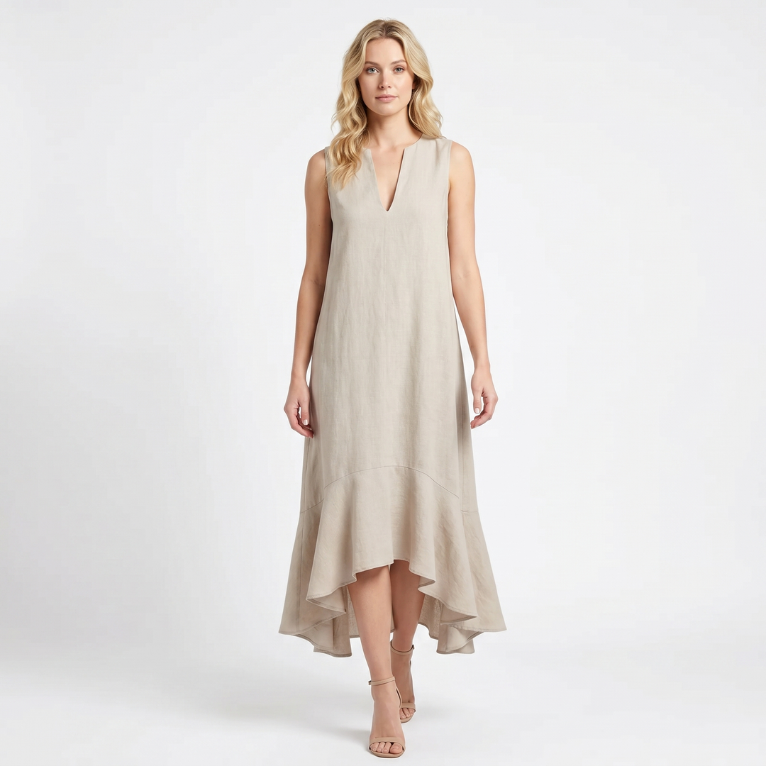 Women's Linen Midi Dress Sleeveless V Neck Ruffle High Low Hem