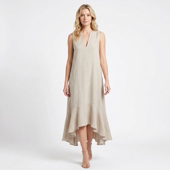 Women's Linen Midi Dress Sleeveless V Neck Ruffle High Low Hem