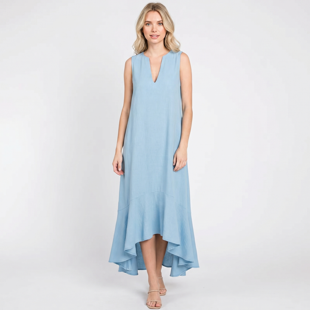 Women's Linen Midi Dress Sleeveless V Neck Ruffle High Low Hem