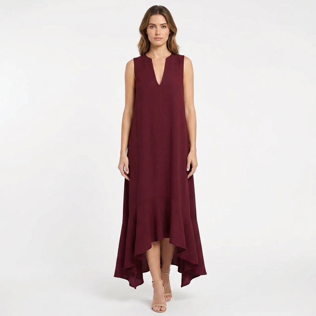 Women's Linen Midi Dress Sleeveless V Neck Ruffle High Low Hem