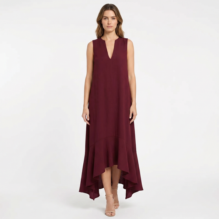 Women's Linen Midi Dress Sleeveless V Neck Ruffle High Low Hem