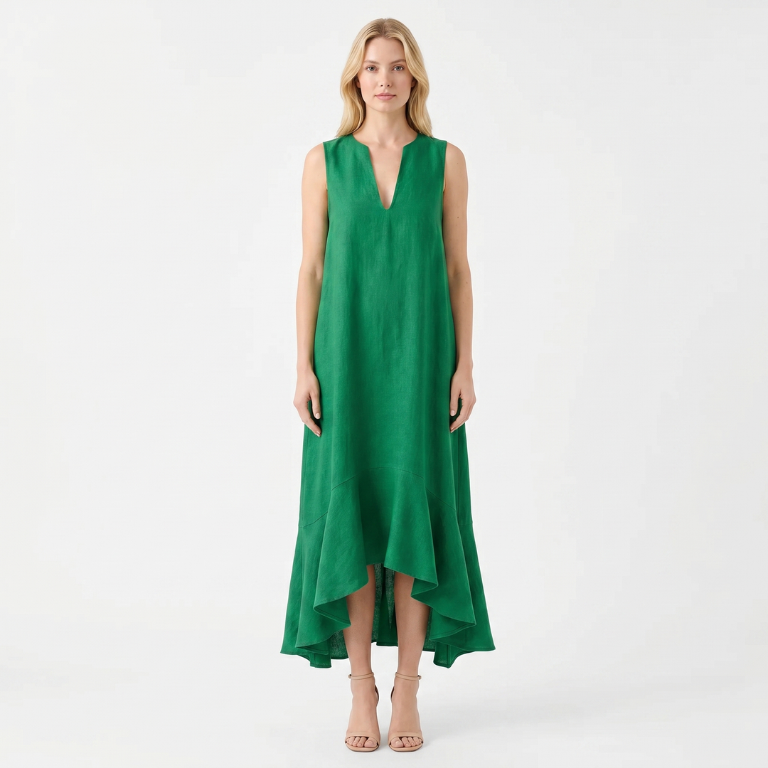 Women's Linen Midi Dress Sleeveless V Neck Ruffle High Low Hem