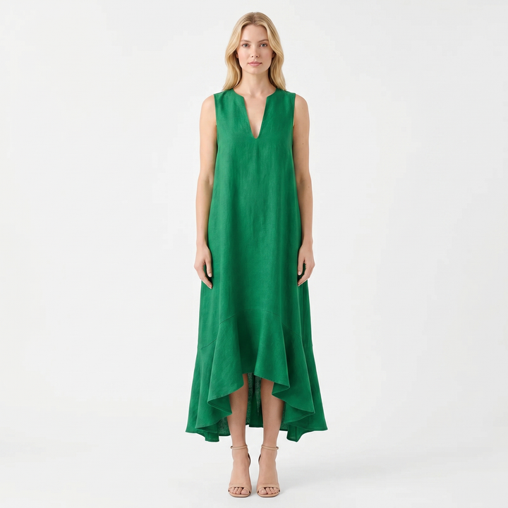 Women's Linen Midi Dress Sleeveless V Neck Ruffle High Low Hem