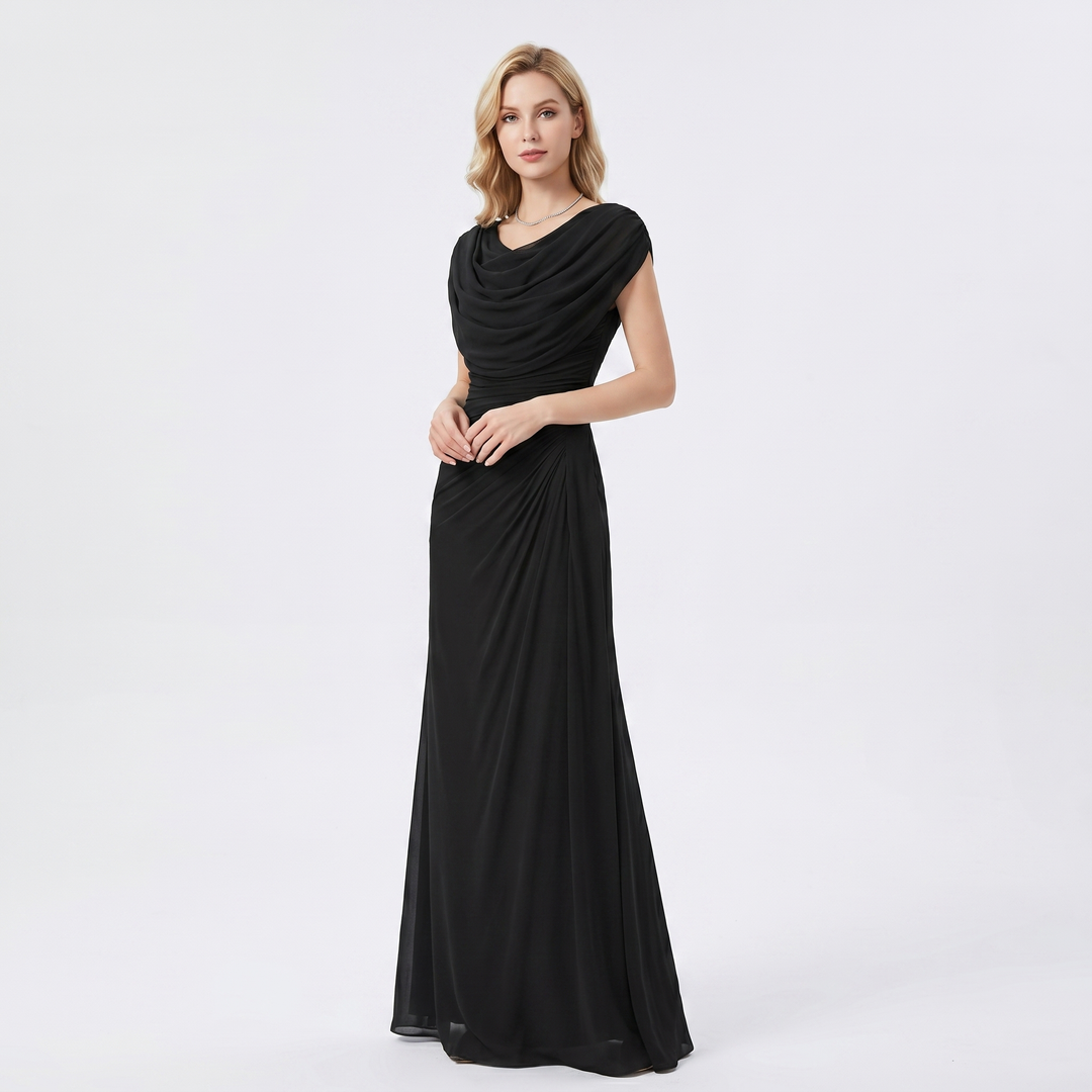 Women's Cowl Neck Maxi Dress Cap Sleeve Ruched Waist Formal Gown