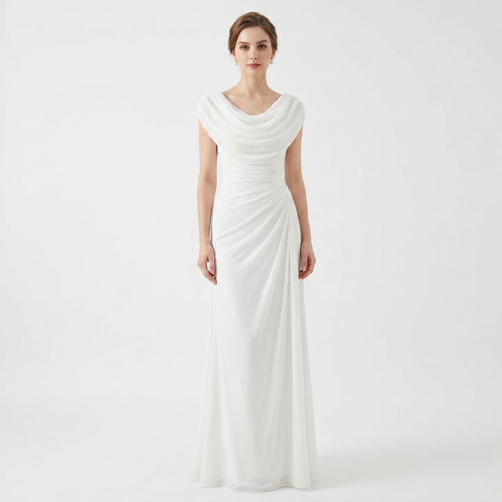Women's Cowl Neck Maxi Dress Cap Sleeve Ruched Waist Formal Gown