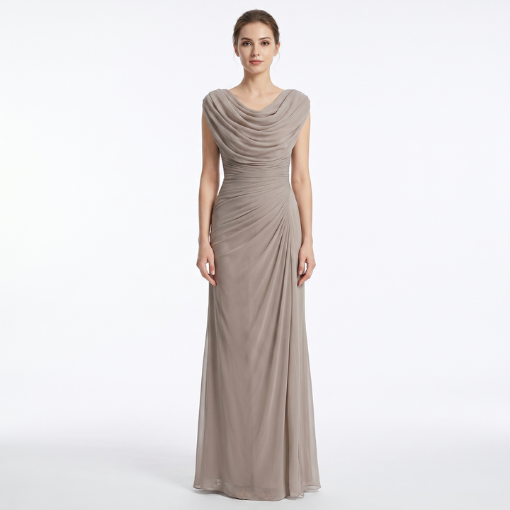 Women's Cowl Neck Maxi Dress Cap Sleeve Ruched Waist Formal Gown
