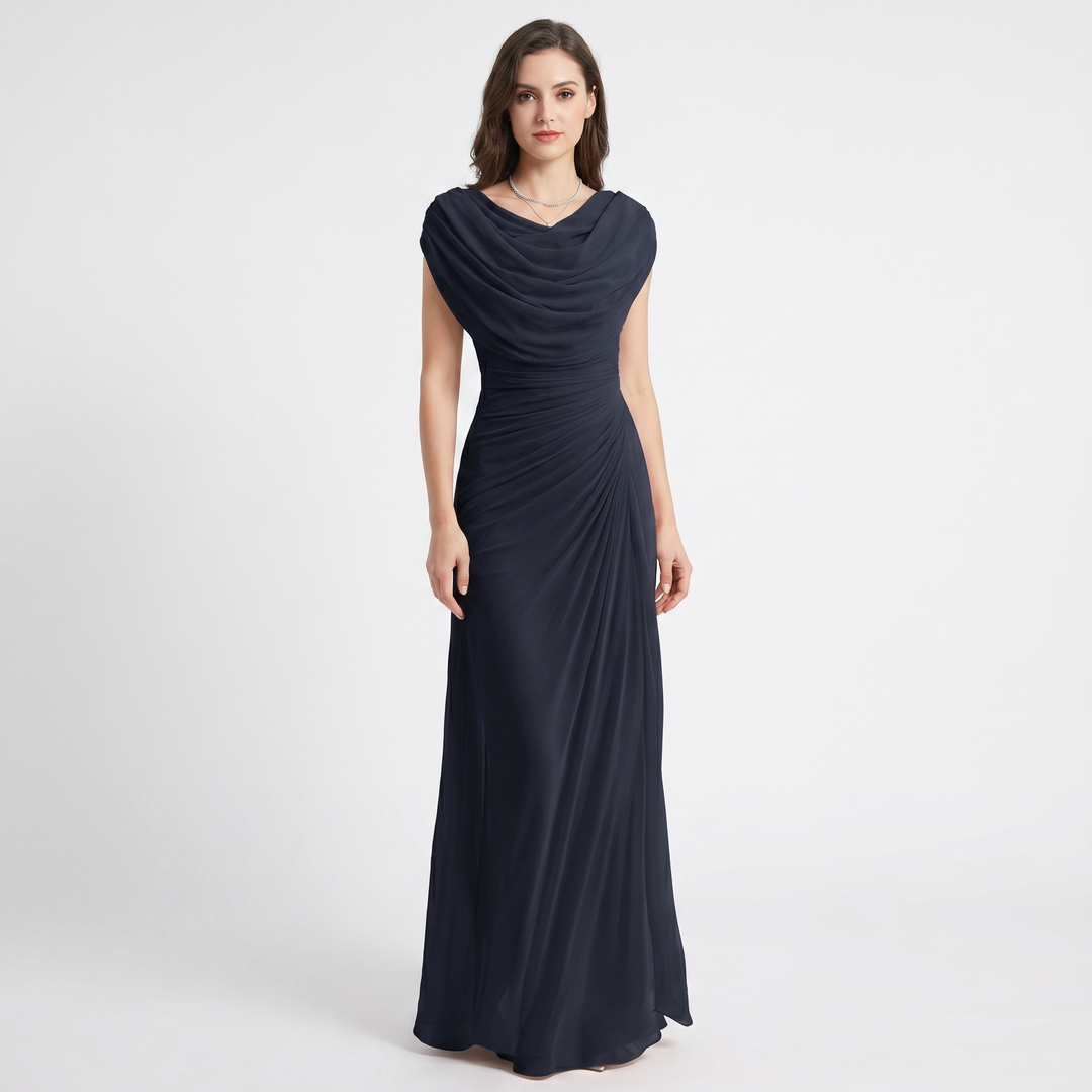 Women's Cowl Neck Maxi Dress Cap Sleeve Ruched Waist Formal Gown