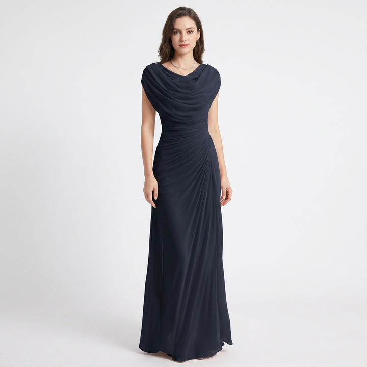 Women's Cowl Neck Maxi Dress Cap Sleeve Ruched Waist Formal Gown