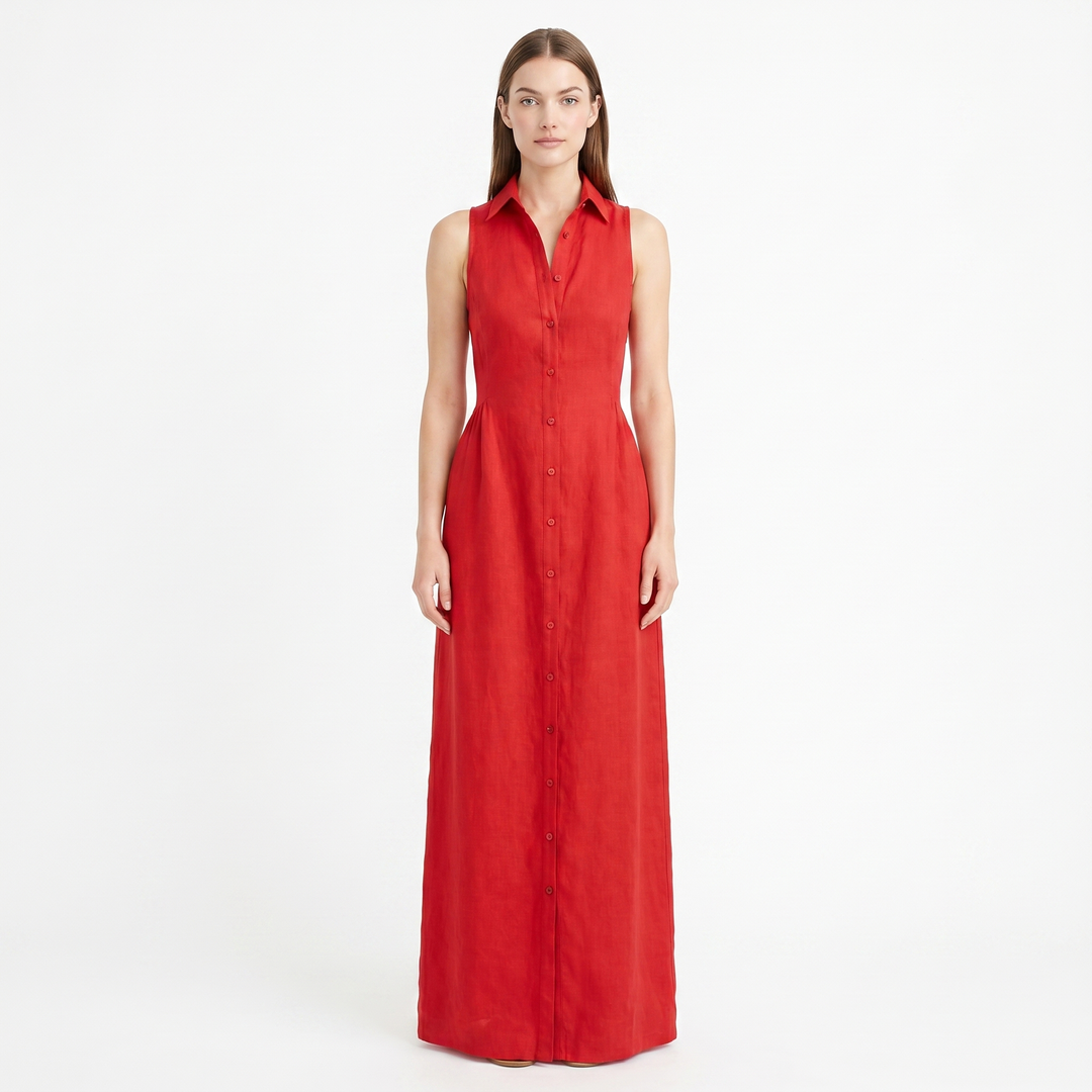 Women's Linen Maxi Dress Sleeveless Button Down Collared Pockets