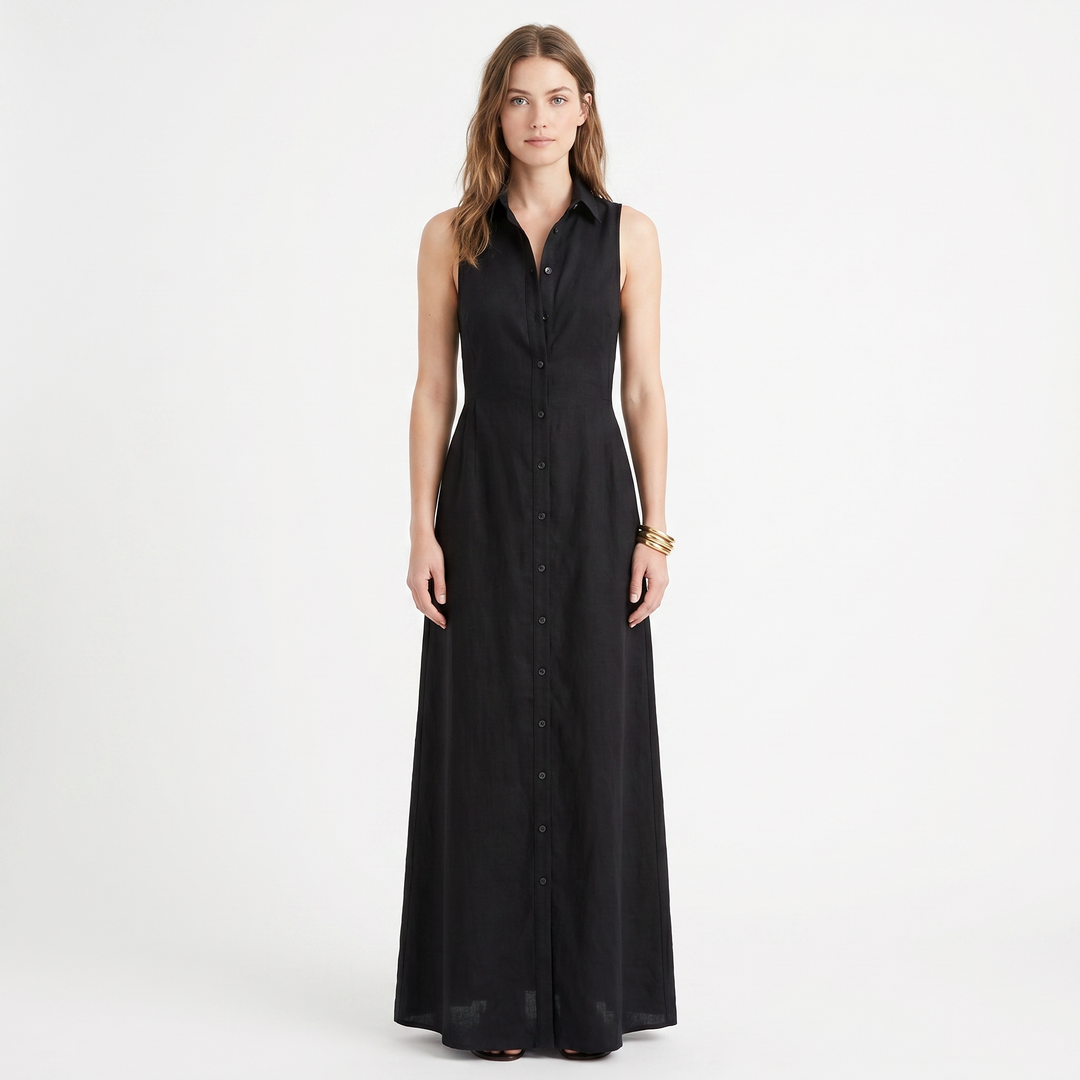 Women's Linen Maxi Dress Sleeveless Button Down Collared Pockets
