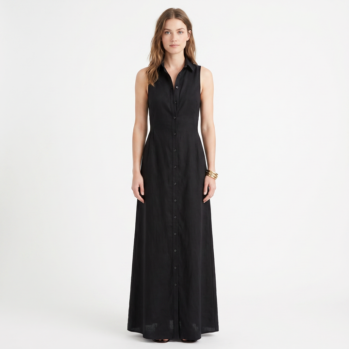 Women's Linen Maxi Dress Sleeveless Button Down Collared Pockets