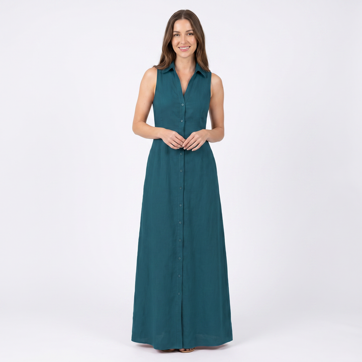 Women's Linen Maxi Dress Sleeveless Button Down Collared Pockets
