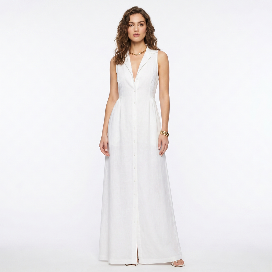 Women's Linen Maxi Dress Sleeveless Button Down Collared Pockets