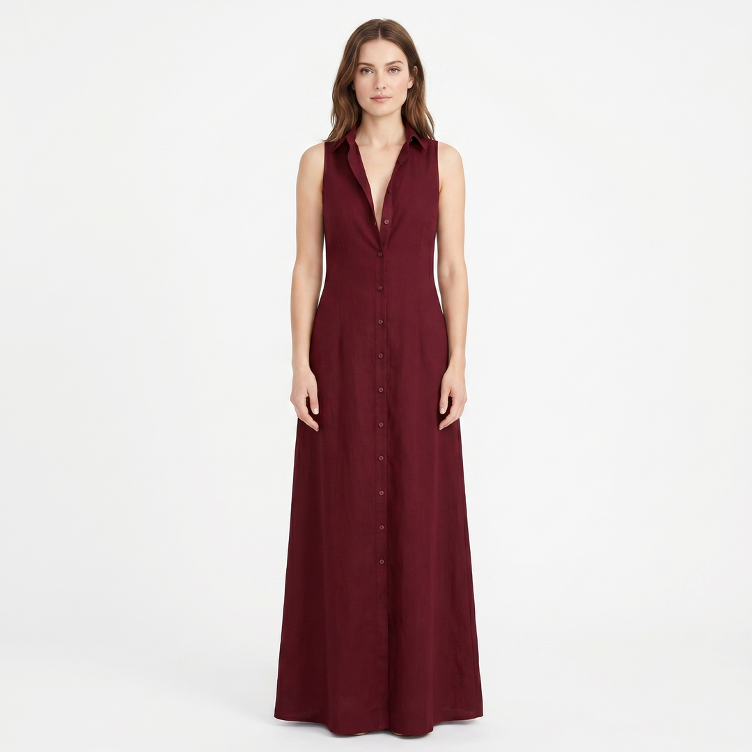 Women's Linen Maxi Dress Sleeveless Button Down Collared Pockets
