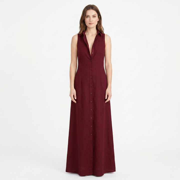 Women's Linen Maxi Dress Sleeveless Button Down Collared Pockets