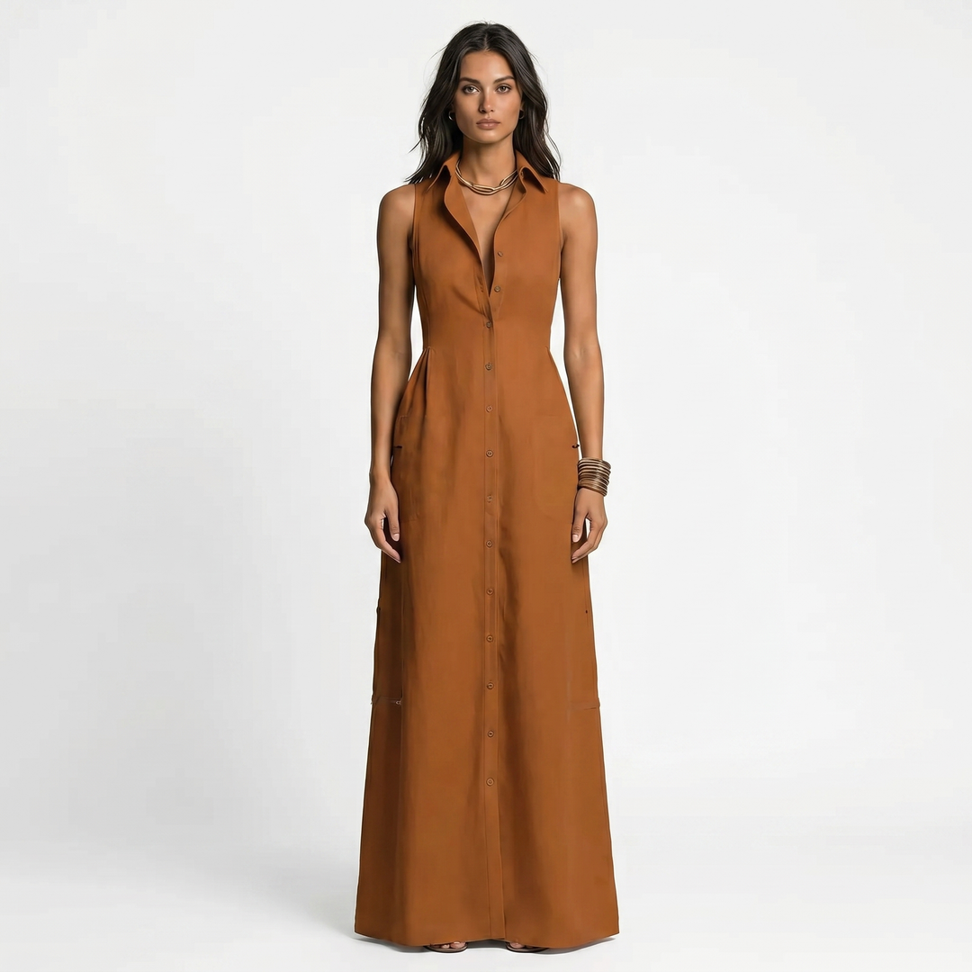 Women's Linen Maxi Dress Sleeveless Button Down Collared Pockets