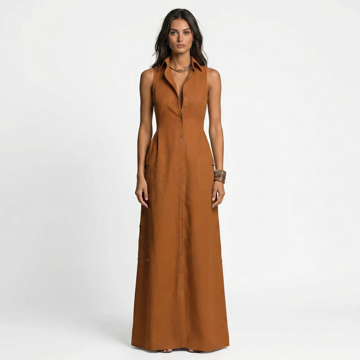 Women's Linen Maxi Dress Sleeveless Button Down Collared Pockets