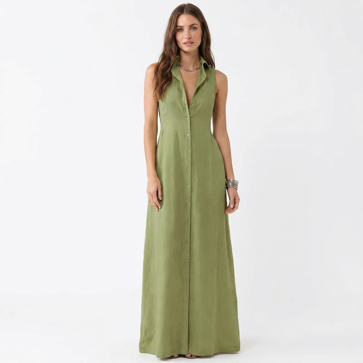 Women's Linen Maxi Dress Sleeveless Button Down Collared Pockets