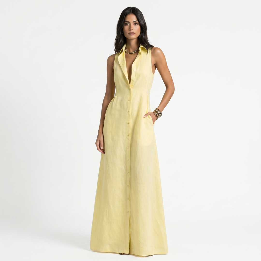 Women's Linen Maxi Dress Sleeveless Button Down Collared Pockets