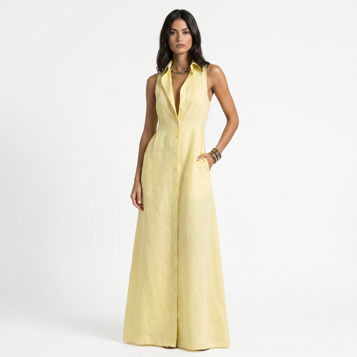 Women's Linen Maxi Dress Sleeveless Button Down Collared Pockets