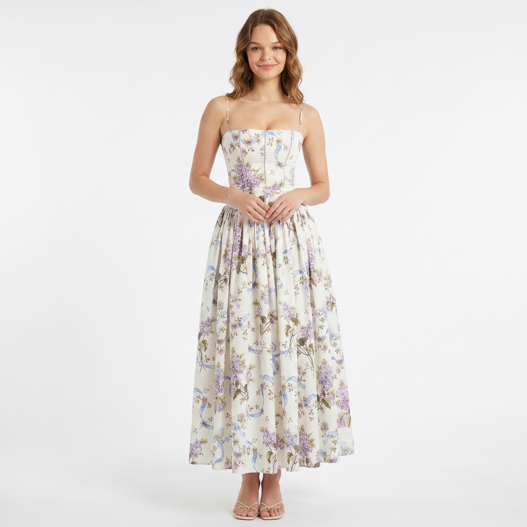 Women's Corset Midi Dress Spaghetti Strap Full Skirt Linen Summer