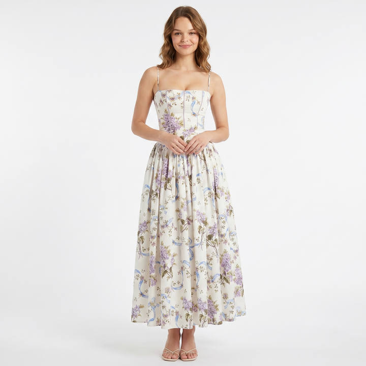 Women's Corset Midi Dress Spaghetti Strap Full Skirt Linen Summer