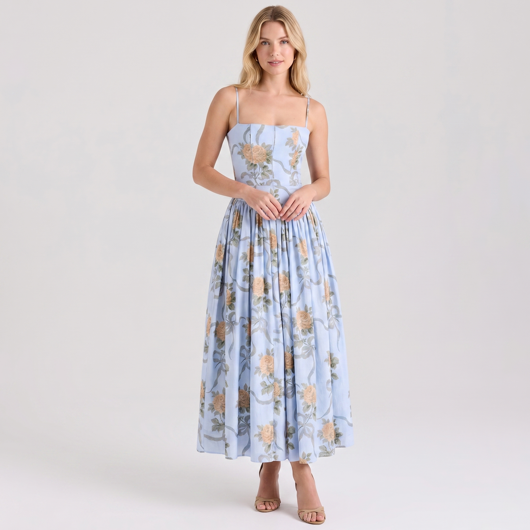 Women's Corset Midi Dress Spaghetti Strap Full Skirt Linen Summer